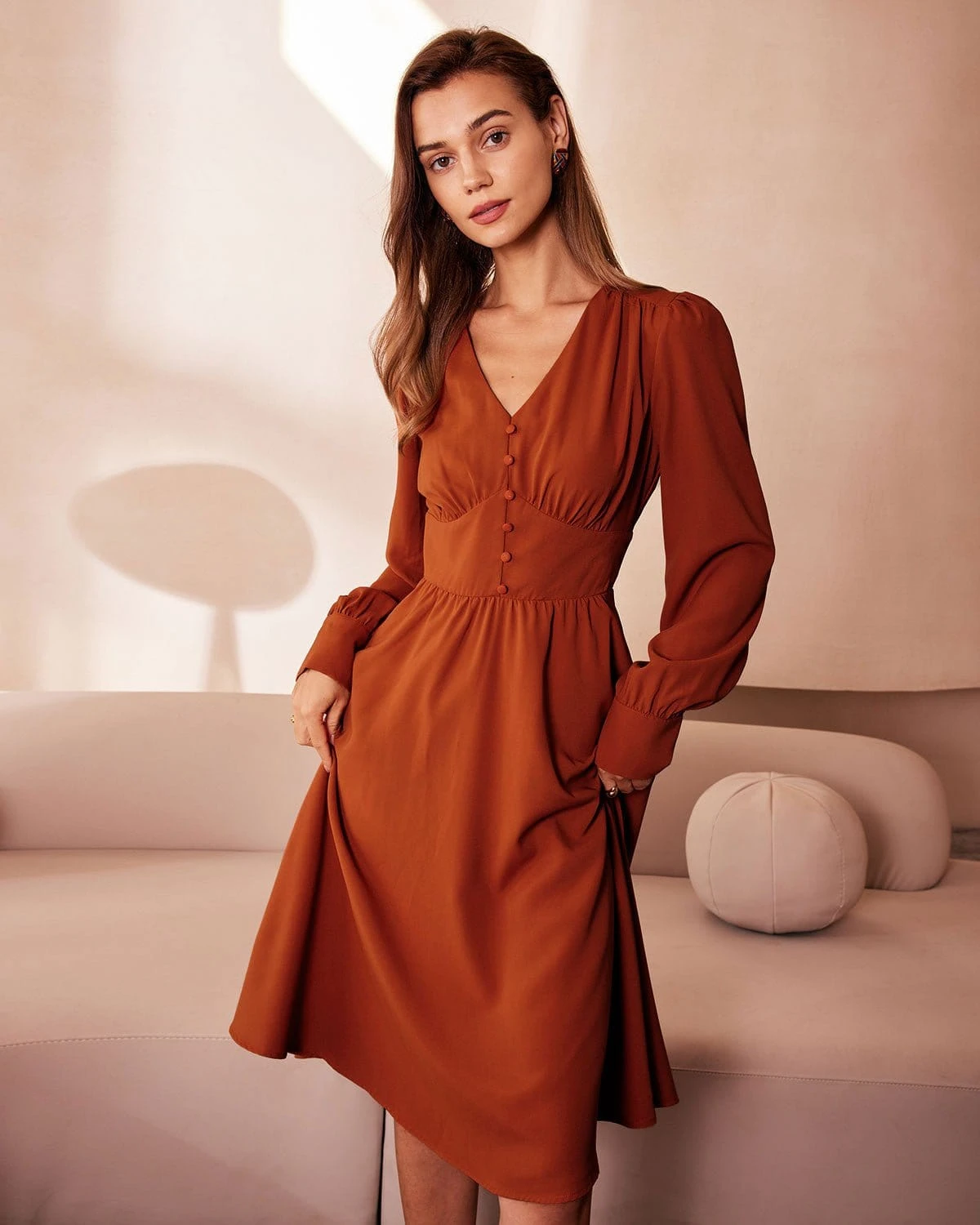 The Orange V Neck Pleated Button Midi Dress 4 The Orange V Neck Pleated Button Midi Dress - Image 4