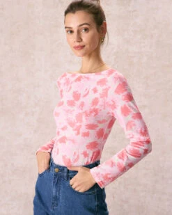 The Pink Boat Neck Floral Long Sleeve Tee -Outlet Dress Mix Up Store the pink boat neck floral tee tops c8zrfi