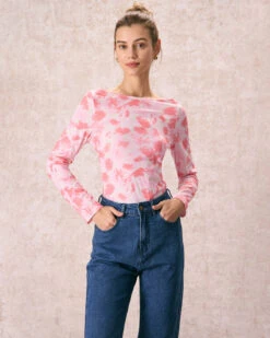 The Pink Boat Neck Floral Long Sleeve Tee