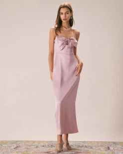 The Pink Bowknot Satin Strap Maxi Dress -Outlet Dress Mix Up Store the pink bowknot satin maxi dress dresses god04p