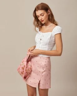 The Pink Polka Dot Button Slit Mini Skirt -Outlet Dress Mix Up Store the pink polka dot button mini skirt bottoms dv3r26 834878