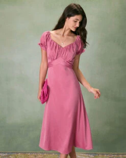 The Pink Sweetheart Neck Ruched Satin Midi Dress -Outlet Dress Mix Up Store the pink ruched satin midi dress dresses njwckf