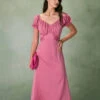 The Pink Sweetheart Neck Ruched Satin Midi Dress