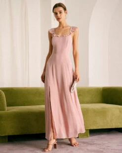 The Pink Ruffled Sleeveless Slit Maxi Dress