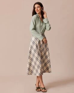 The Khaki High Waisted Plaid A-Line Midi Skirt -Outlet Dress Mix Up Store the plaid a line midi skirt bottoms ctsty9 322754