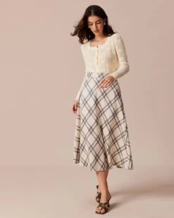 The Khaki High Waisted Plaid A-Line Midi Skirt -Outlet Dress Mix Up Store the plaid a line midi skirt bottoms uaya0w 169748