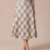 The Khaki High Waisted Plaid A-Line Midi Skirt