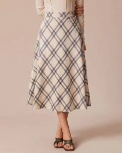 The Khaki High Waisted Plaid A-Line Midi Skirt