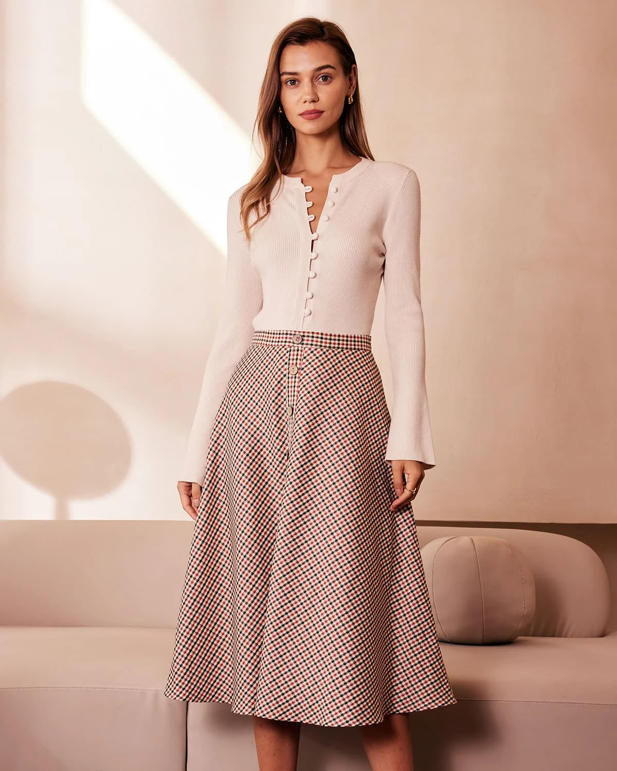 The Brown High Waisted Plaid Button Midi Skirt 2 The Brown High Waisted Plaid Button Midi Skirt - Image 2