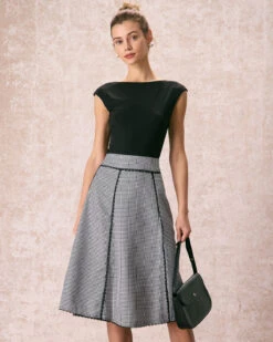 The Black High Waisted Plaid Lace Midi Skirt