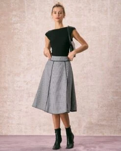 The Black High Waisted Plaid Lace Midi Skirt -Outlet Dress Mix Up Store the plaid lace trim midi skirt bottoms rtoi89