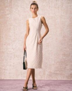 The Beige Round Neck Plaid Slit Midi Dress -Outlet Dress Mix Up Store the plaid sleeveless midi dress dresses ednkor