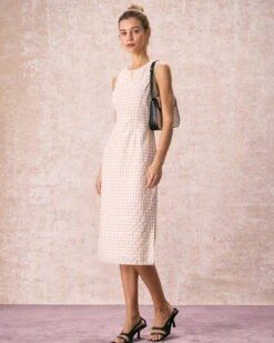 The Beige Round Neck Plaid Slit Midi Dress -Outlet Dress Mix Up Store the plaid sleeveless midi dress dresses gzsbnj