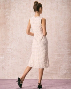 The Beige Round Neck Plaid Slit Midi Dress -Outlet Dress Mix Up Store the plaid sleeveless midi dress dresses spoftp