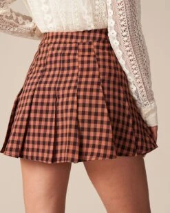 The Brown High Waist Pleated Plaid Mini Skirt -Outlet Dress Mix Up Store the pleated plaid mini skirt bottoms rmx51n 227608