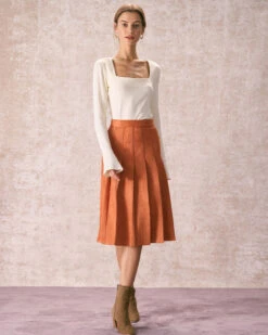 The Orange High Waisted Suede Midi Skirt -Outlet Dress Mix Up Store the pleated suede midi skirt bottoms tyqrlj