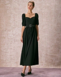 The Black Sweetheart Neck Puff Sleeve Belt Maxi Dress -Outlet Dress Mix Up Store the puff sleeve belt maxi dress dresses 7ns557