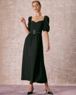The Black Sweetheart Neck Puff Sleeve Belt Maxi Dress -Outlet Dress Mix Up Store the puff sleeve belt maxi dress dresses 9mtxrl