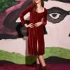 The Red Puff Sleeve Long Sleeve Velvet Dress