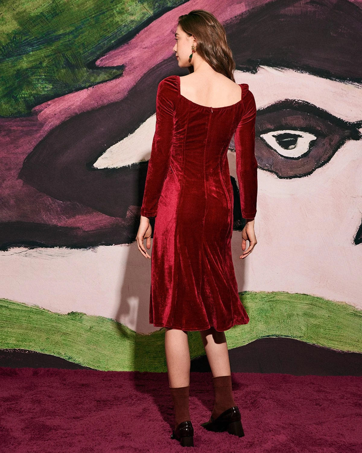 The Red Puff Sleeve Long Sleeve Velvet Dress 5 The Red Puff Sleeve Long Sleeve Velvet Dress - Image 5