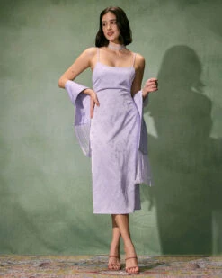 The Purple Jacquard Slip Midi Dress & Fringed Shawl