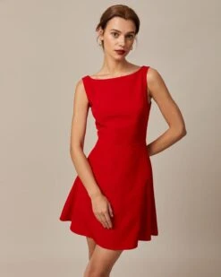 The Red Boat Neck High Waisted Mini Dress -Outlet Dress Mix Up Store the red boat neck solid mini dress dresses gy2vdd 167859