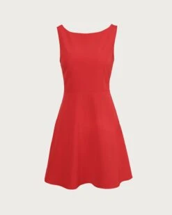 The Red Boat Neck High Waisted Mini Dress -Outlet Dress Mix Up Store the red boat neck solid mini dress red dresses dieuh5 675212