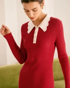 The Red Collared Colorblock Long Sleeve Sweater Dress -Outlet Dress Mix Up Store the red collared colorblock sweater dress dresses 98dgab