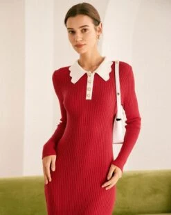 The Red Collared Colorblock Long Sleeve Sweater Dress -Outlet Dress Mix Up Store the red collared colorblock sweater dress dresses bnsxro
