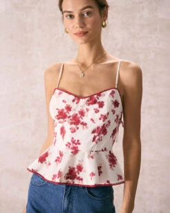 The Red Sweetheart Neck Floral Cami Top