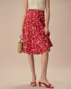 The Red High-Waisted Floral Midi Skirt -Outlet Dress Mix Up Store the red high waisted floral skirt bottoms hup3fn