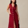 The Red V Neck Polka Dot Tie Back Midi Dress