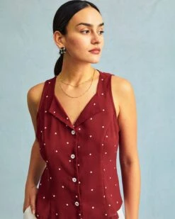 The Red V Neck Polka Dot Print Sleeveless Vest -Outlet Dress Mix Up Store the red polka dot vest tops p0lwmk 514484