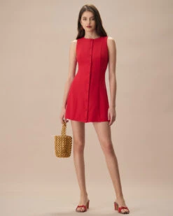 The Red Round Neck Button Mini Dress -Outlet Dress Mix Up Store the red round neck button mini dress dresses o2gqai