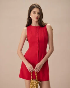 The Red Round Neck Button Mini Dress