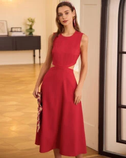 The Red Round Neck Cut-Out Midi Dress -Outlet Dress Mix Up Store the red round neck cut out midi dress dresses jddnzv