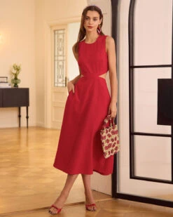 The Red Round Neck Cut-Out Midi Dress -Outlet Dress Mix Up Store the red round neck cut out midi dress red dresses 2we29w