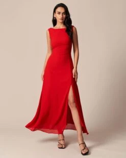 The Red Cowl Neck Cutout Ruched Maxi Dress -Outlet Dress Mix Up Store the red ruched slit maxi dress dresses 9h03fn 107053