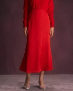 The Red Natural Waisted Satin Midi Skirt