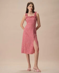 The Red Square Neck Plaid Cotton Midi Dress -Outlet Dress Mix Up Store the red square neck plaid midi dress dresses qhcf6b