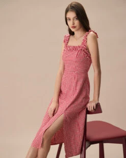 The Red Square Neck Plaid Cotton Midi Dress -Outlet Dress Mix Up Store the red square neck plaid midi dress dresses xfz66q