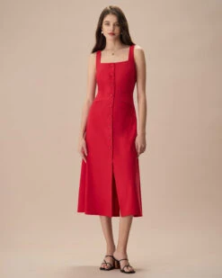 The Red Square Neck Pocket Midi Dress -Outlet Dress Mix Up Store the red square neck pocket front midi dress dresses 0f2ljk