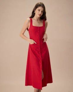 The Red Square Neck Pocket Midi Dress -Outlet Dress Mix Up Store the red square neck pocket front midi dress dresses 45kf3u