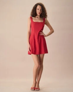 The Red Square Neck Scalloped Mini Dress -Outlet Dress Mix Up Store the red square neck scalloped dress dresses rz3w3t