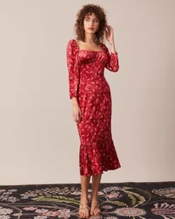 The Red Square Neck Floral Velvet Midi Dress -Outlet Dress Mix Up Store the red square neck velvet midi dress dresses 4r33ju 123558