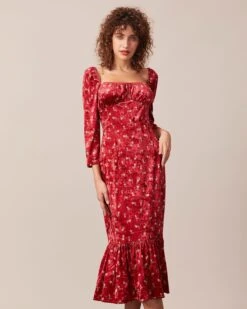 The Red Square Neck Floral Velvet Midi Dress -Outlet Dress Mix Up Store the red square neck velvet midi dress red dresses 9lyei0 907676