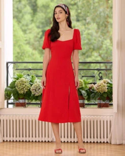 The Red Sweetheart Neck Slit Midi Dress -Outlet Dress Mix Up Store the red sweetheart neck slit midi dress dresses fvunxe