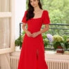 The Red Sweetheart Neck Slit Midi Dress