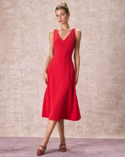 The Red V Neck Sleeveless A-Line Midi Dress -Outlet Dress Mix Up Store the red v neck a line dress dresses gbj28q
