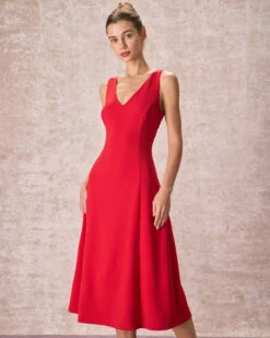The Red V Neck Sleeveless A-Line Midi Dress -Outlet Dress Mix Up Store the red v neck a line dress dresses noaliv